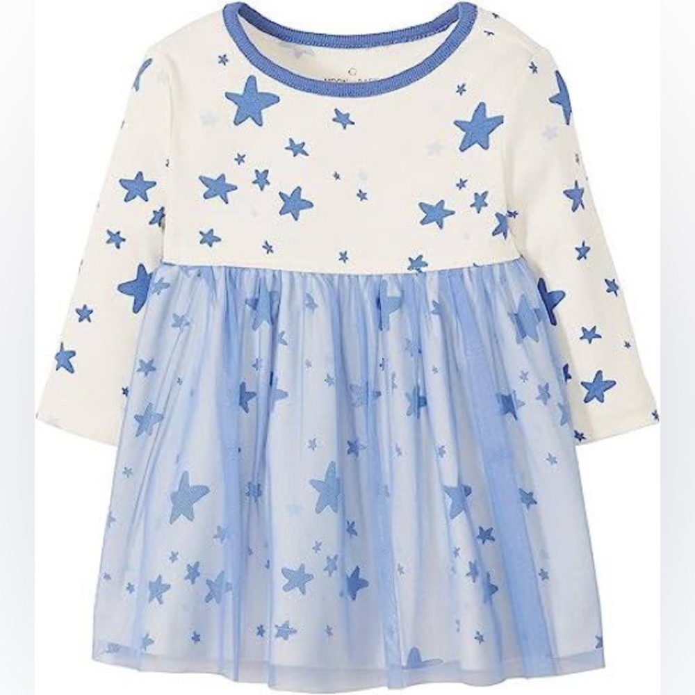 Moon and Back Nwot Girl’s Long Sleeve Blue/Cream Star Print Tulle Dress 
Size 2T